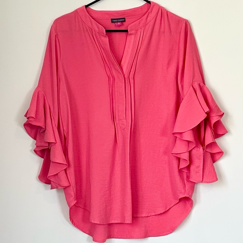 Vince Camuto Pink Ruffle Sleeve Split-Neck Blouse - Size: Medium